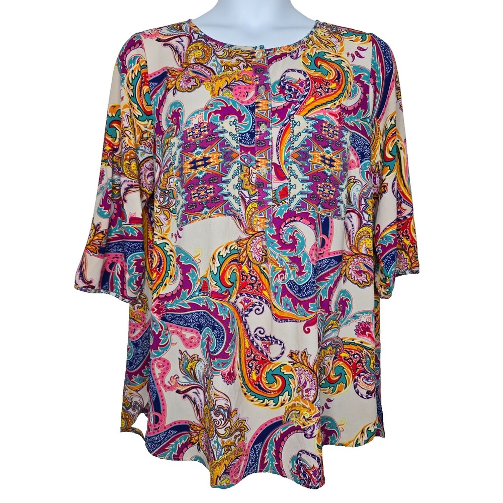 Fig and Flower Anthropologie Blouse 2X Top Boho Popover‎ Buttons 3/4 Sleeves